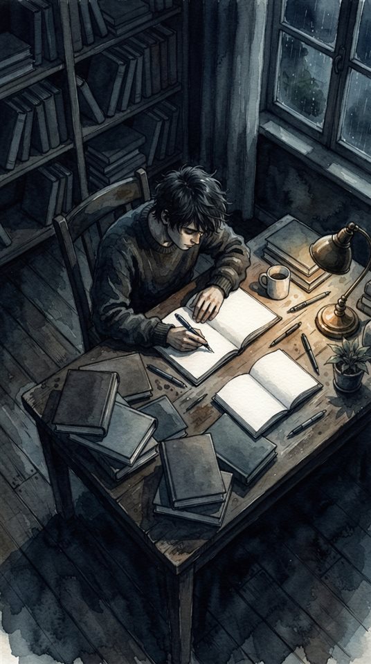 Watercolor illustration of a student studying at a desk with books, high-angle view from above, moody dark tones, dramatic lighting, 9:16 aspect ratio