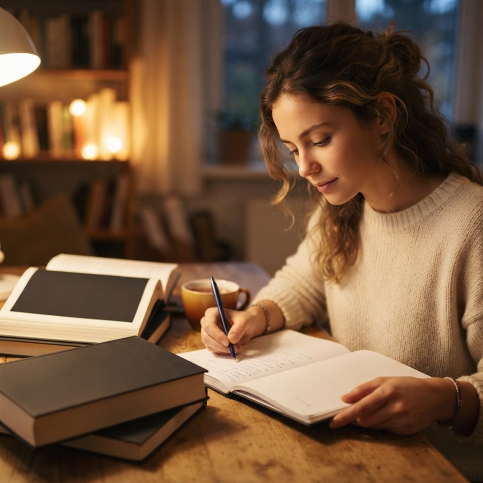 Photorealistic photo of a student studying at a desk with books, close-up detail with shallow depth of field, warm golden light, calm mood, 1:1 aspect ratio