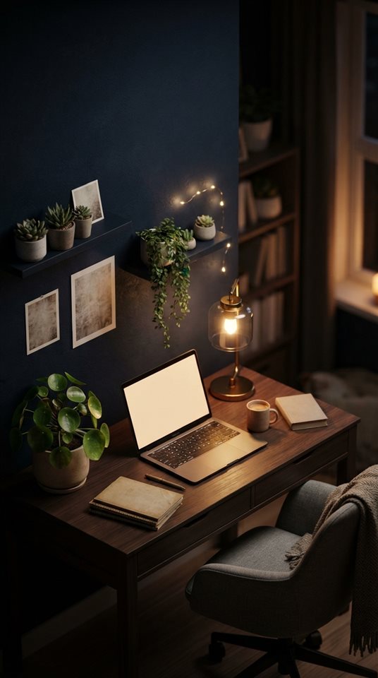 Photorealistic photo of Cozy isometric 3D render of a student's desk with an open laptop, glowing desk lamp, and potted plant, pastel colors, soft cozy mood, 16:9 aspect ratio, wide shot with open space at the top for text, moody dark tones, dramatic lighting, 9:16 aspect ratio
