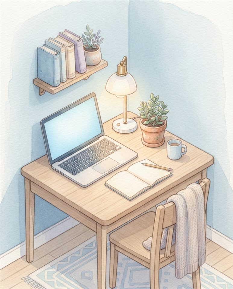 Watercolor illustration of Cozy isometric 3D render of a student's desk with an open laptop, glowing desk lamp, and potted plant, pastel colors, soft cozy mood, 16:9 aspect ratio, centered subject with a simple uncluttered composition, cool blue tones, quiet atmosphere, 4:5 aspect ratio