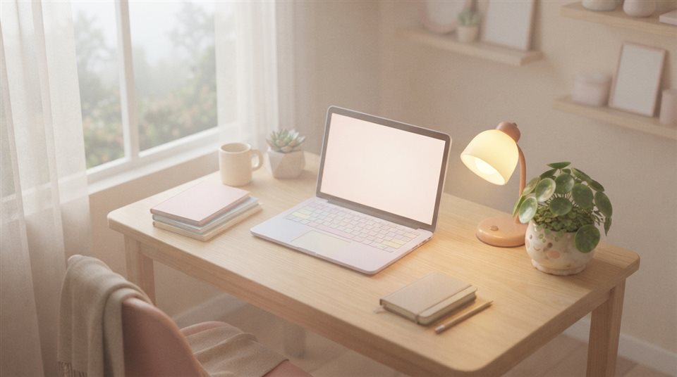 Soft 3D render of Cozy isometric 3D render of a student's desk with an open laptop, glowing desk lamp, and potted plant, pastel colors, soft cozy mood, 16:9 aspect ratio, close-up detail with shallow depth of field, misty morning haze, dreamy, 16:9 aspect ratio