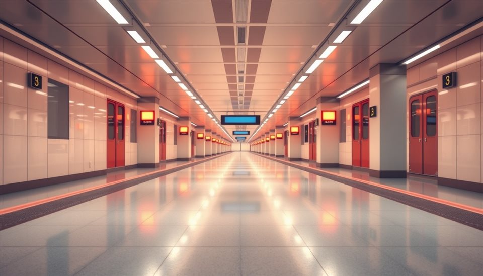 Minimal flat illustration of A clean, empty modern subway platform with glowing lights reflecting on the polished floor., close-up detail with shallow depth of field, soft pastel colors, bright and cozy, 16:9 aspect ratio