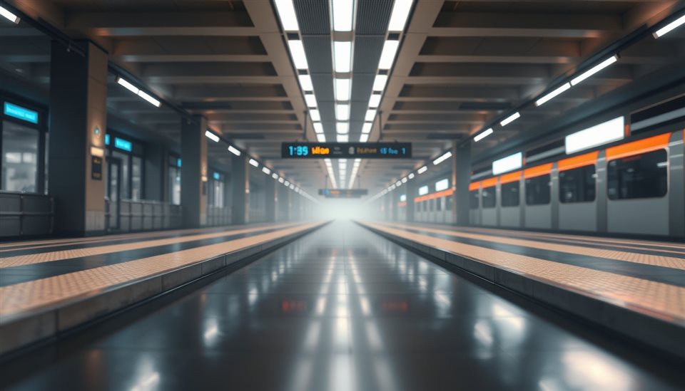 Soft 3D render of A clean, empty modern subway platform with glowing lights reflecting on the polished floor., close-up detail with shallow depth of field, misty morning haze, dreamy, 16:9 aspect ratio