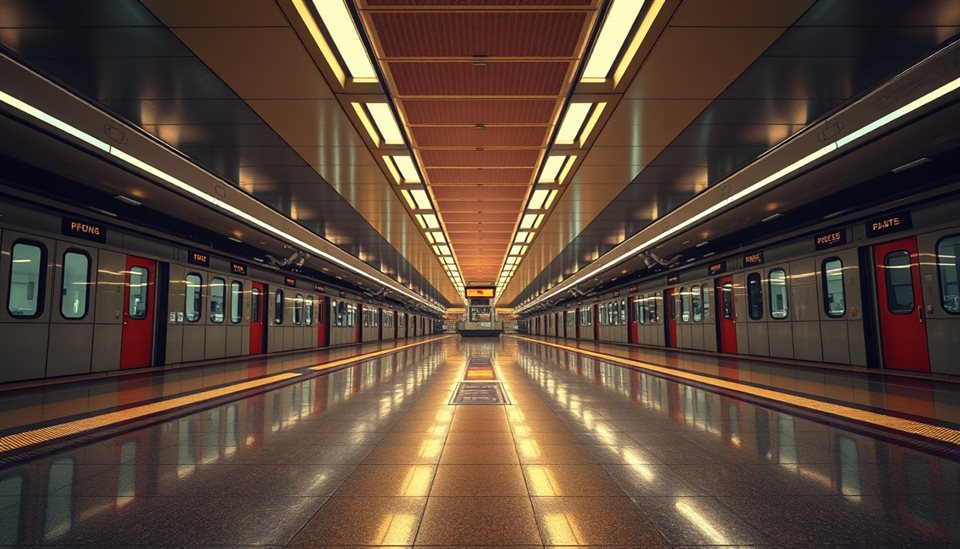 Cinematic film still of A clean, empty modern subway platform with glowing lights reflecting on the polished floor., wide shot with open space at the top for text, vivid colors, high contrast, energetic, 16:9 aspect ratio