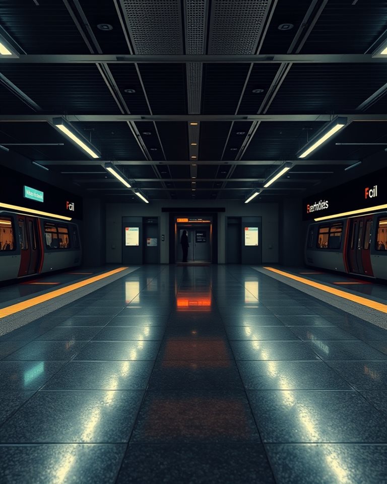 Photorealistic photo of A clean, empty modern subway platform with glowing lights reflecting on the polished floor., centered subject with a simple uncluttered composition, moody dark tones, dramatic lighting, 4:5 aspect ratio
