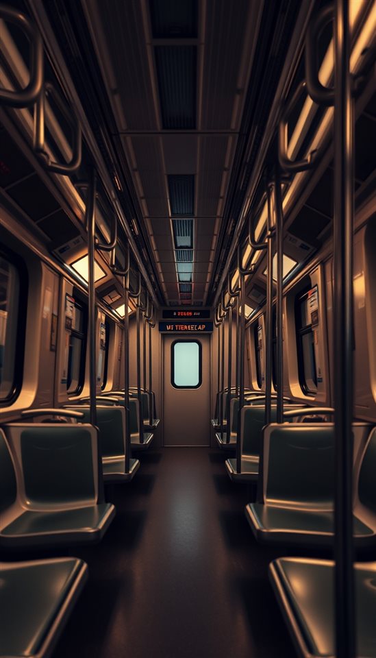 Photorealistic photo of A clean, empty modern subway train interior with symmetrical seating and warm lighting., close-up detail with shallow depth of field, moody dark tones, dramatic lighting, 9:16 aspect ratio