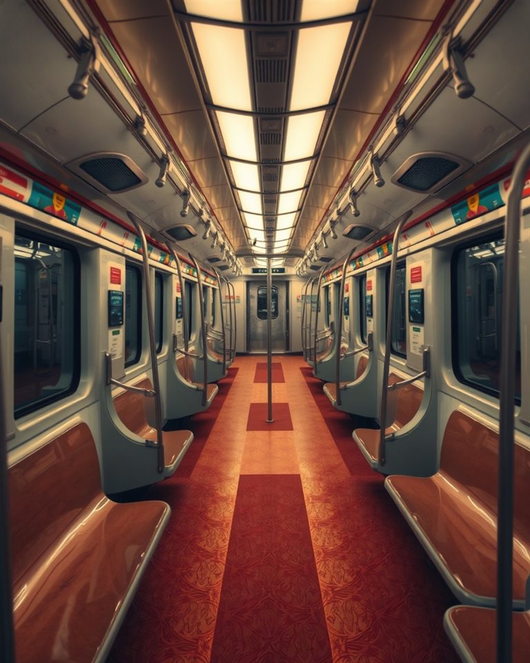 Cinematic film still of A clean, empty modern subway train interior with symmetrical seating and warm lighting., high-angle view from above, vivid colors, high contrast, energetic, 4:5 aspect ratio