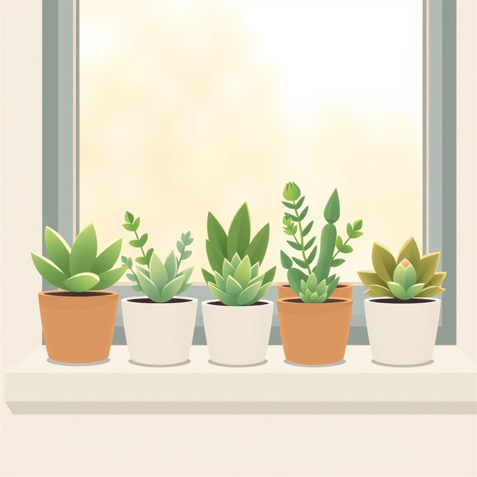 Minimal flat illustration of A collection of small potted succulent plants with thick green leaves sitting on a windowsill, close-up detail with shallow depth of field, soft pastel colors, bright and cozy, 1:1 aspect ratio