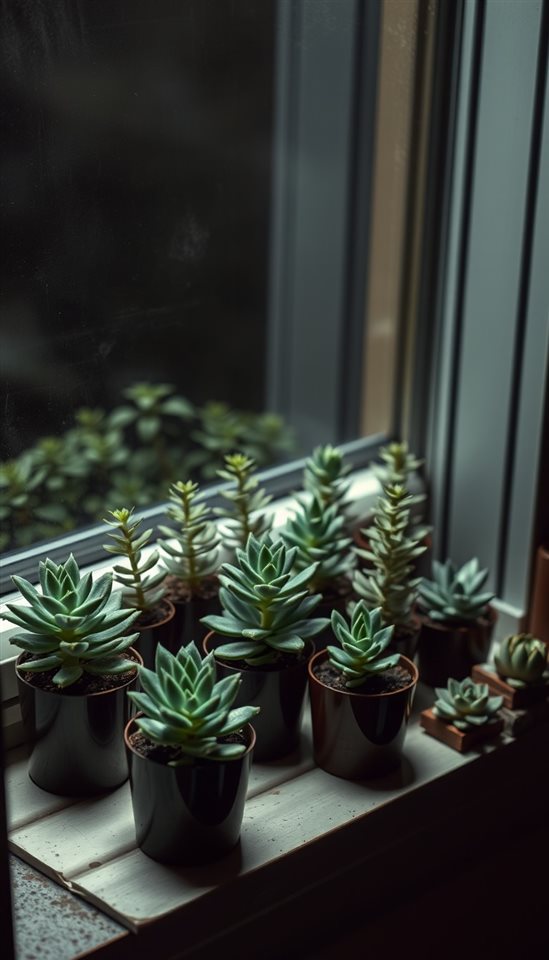 Photorealistic photo of A collection of small potted succulent plants with thick green leaves sitting on a windowsill, centered subject with a simple uncluttered composition, moody dark tones, dramatic lighting, 9:16 aspect ratio