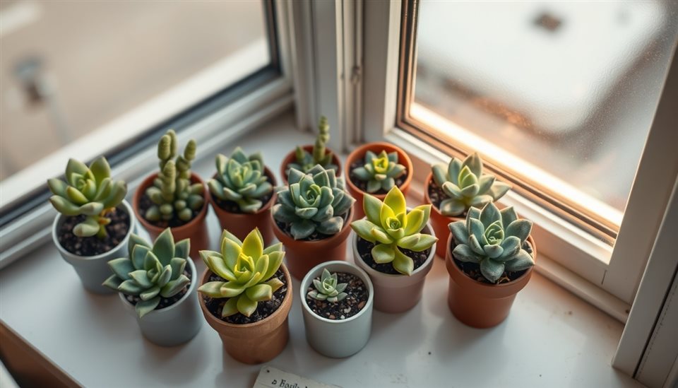 Photorealistic photo of A collection of small potted succulent plants with thick green leaves sitting on a windowsill, high-angle view from above, warm golden light, calm mood, 16:9 aspect ratio
