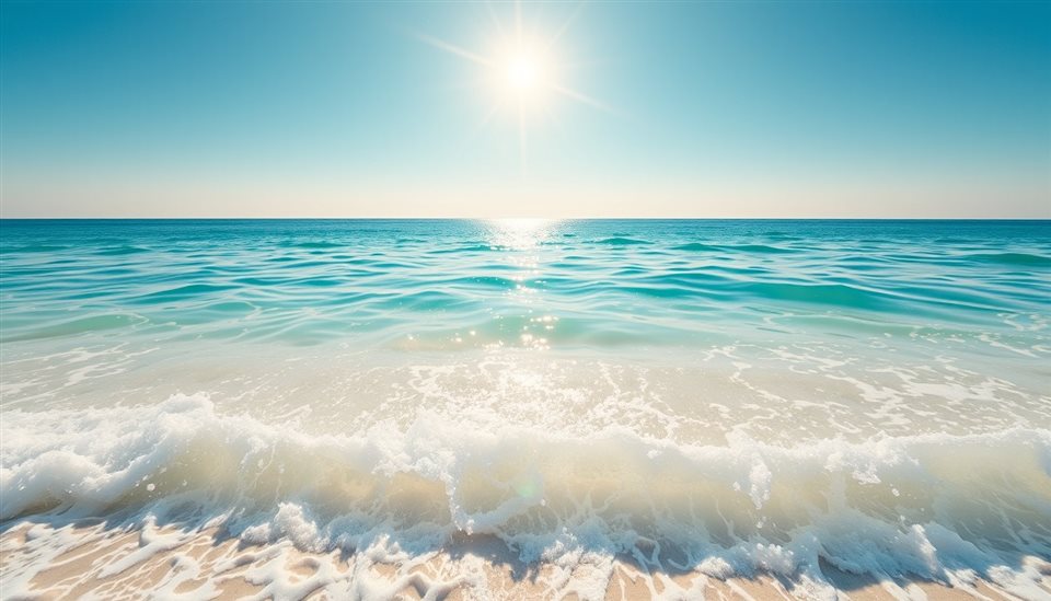 Photorealistic photo of Crystal clear turquoise ocean water gently washing onto white sandy shores under a brilliant summer sun., wide shot with open space at the top for text, warm golden light, calm mood, 16:9 aspect ratio