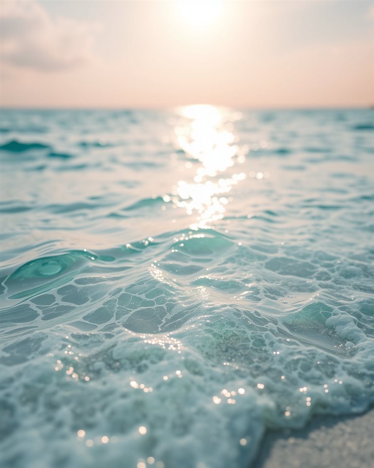 Photorealistic photo of Crystal clear turquoise ocean water gently washing onto white sandy shores under a brilliant summer sun., close-up detail with shallow depth of field, moody dark tones, dramatic lighting, 4:5 aspect ratio