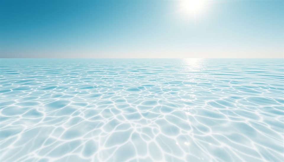 Soft 3D render of Crystal clear turquoise ocean water gently washing onto white sandy shores under a brilliant summer sun., wide shot with open space at the top for text, misty morning haze, dreamy, 16:9 aspect ratio