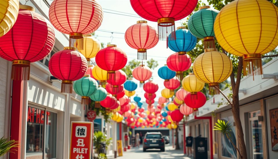 Cinematic film still of Colorful paper lanterns hanging vibrantly along an outdoor walkway during a sunny summer day, wide shot with open space at the top for text, vivid colors, high contrast, energetic, 16:9 aspect ratio