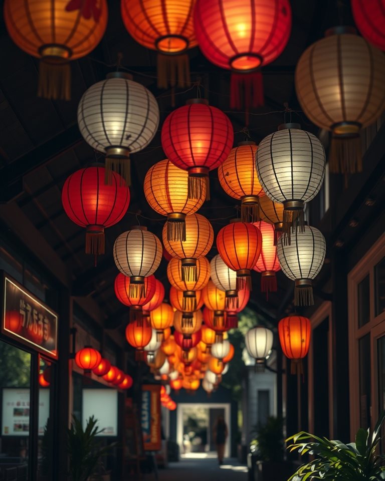 Photorealistic photo of Colorful paper lanterns hanging vibrantly along an outdoor walkway during a sunny summer day, centered subject with a simple uncluttered composition, moody dark tones, dramatic lighting, 4:5 aspect ratio