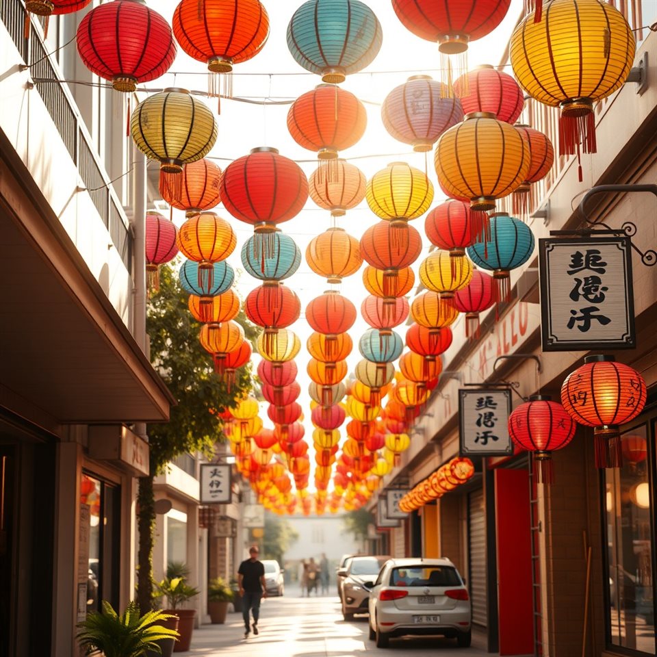 Photorealistic photo of Colorful paper lanterns hanging vibrantly along an outdoor walkway during a sunny summer day, high-angle view from above, warm golden light, calm mood, 1:1 aspect ratio