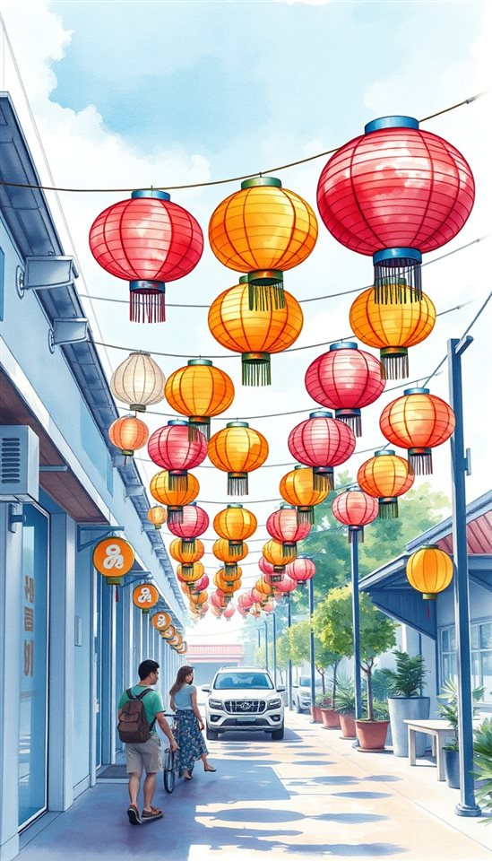 Watercolor illustration of Colorful paper lanterns hanging vibrantly along an outdoor walkway during a sunny summer day, wide shot with open space at the top for text, cool blue tones, quiet atmosphere, 9:16 aspect ratio