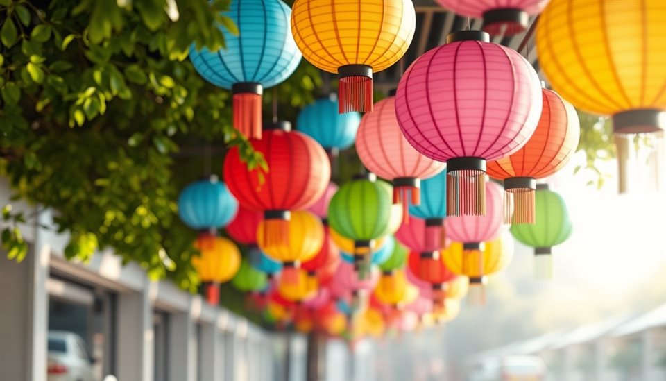 Soft 3D render of Colorful paper lanterns hanging vibrantly along an outdoor walkway during a sunny summer day, close-up detail with shallow depth of field, misty morning haze, dreamy, 16:9 aspect ratio