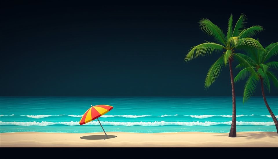 Photorealistic photo of A flat vector illustration of a tropical beach with turquoise waves, a colorful parasol, and green palm trees., wide shot with open space at the top for text, moody dark tones, dramatic lighting, 16:9 aspect ratio