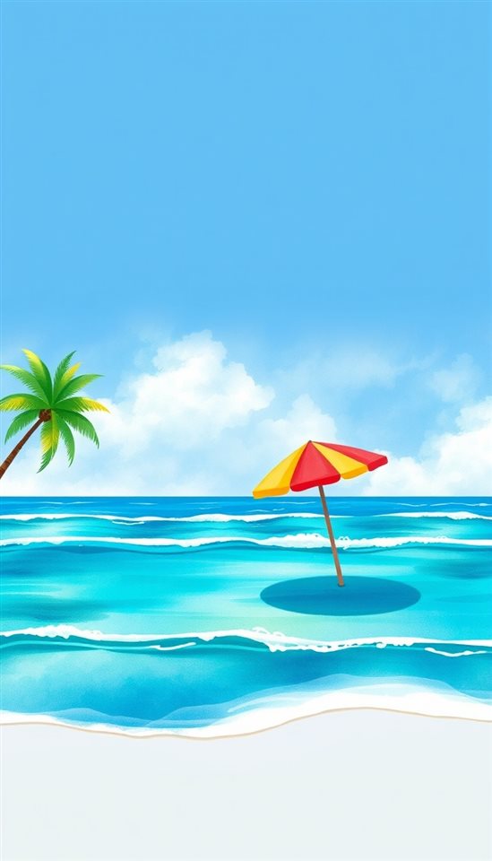 Watercolor illustration of A flat vector illustration of a tropical beach with turquoise waves, a colorful parasol, and green palm trees., wide shot with open space at the top for text, cool blue tones, quiet atmosphere, 9:16 aspect ratio