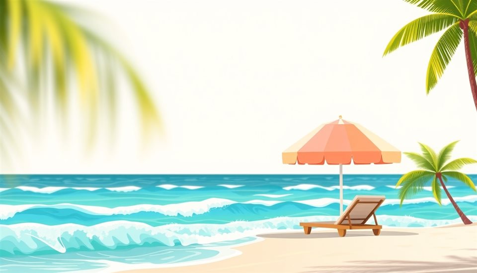 Minimal flat illustration of A flat vector illustration of a tropical beach with turquoise waves, a colorful parasol, and green palm trees., close-up detail with shallow depth of field, soft pastel colors, bright and cozy, 16:9 aspect ratio