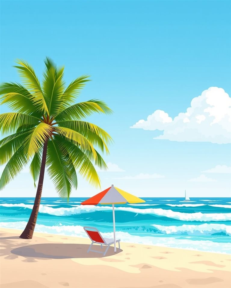 Cinematic film still of A flat vector illustration of a tropical beach with turquoise waves, a colorful parasol, and green palm trees., centered subject with a simple uncluttered composition, vivid colors, high contrast, energetic, 4:5 aspect ratio