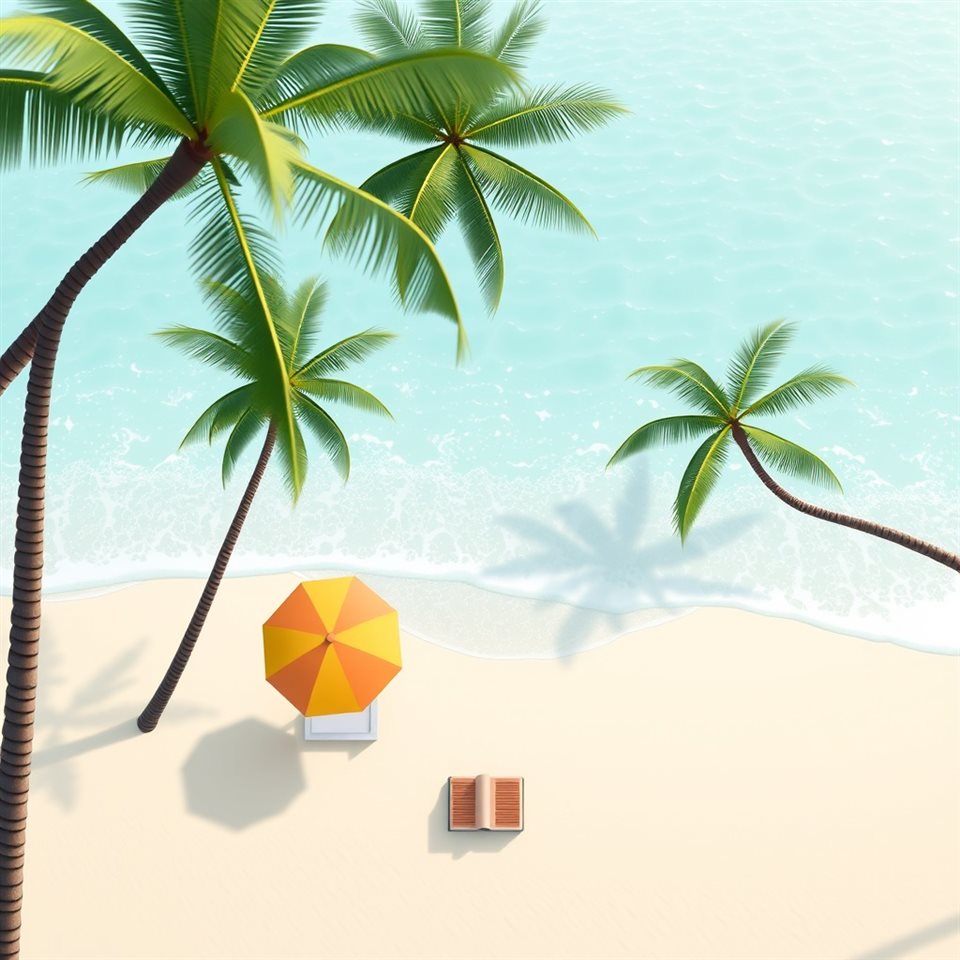 Soft 3D render of A flat vector illustration of a tropical beach with turquoise waves, a colorful parasol, and green palm trees., high-angle view from above, misty morning haze, dreamy, 1:1 aspect ratio