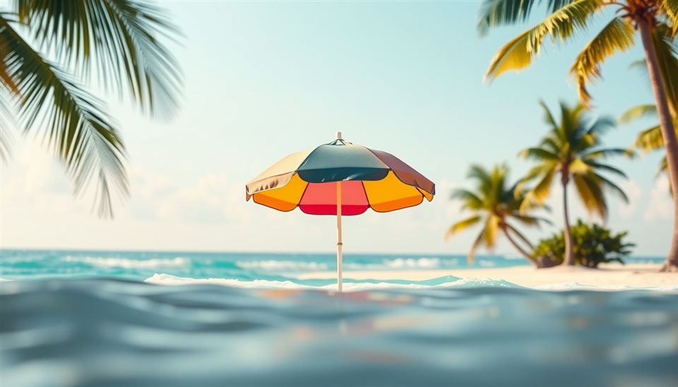 Photorealistic photo of A flat vector illustration of a tropical beach with turquoise waves, a colorful parasol, and green palm trees., close-up detail with shallow depth of field, warm golden light, calm mood, 16:9 aspect ratio