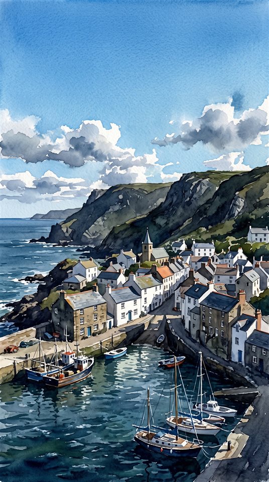 Ilustração em aquarela de uma pequena cidade à beira-mar sob um céu azul claro de verão, assunto centralizado com composição simples e limpa, tons escuros melancólicos, iluminação dramática, proporção 9:16