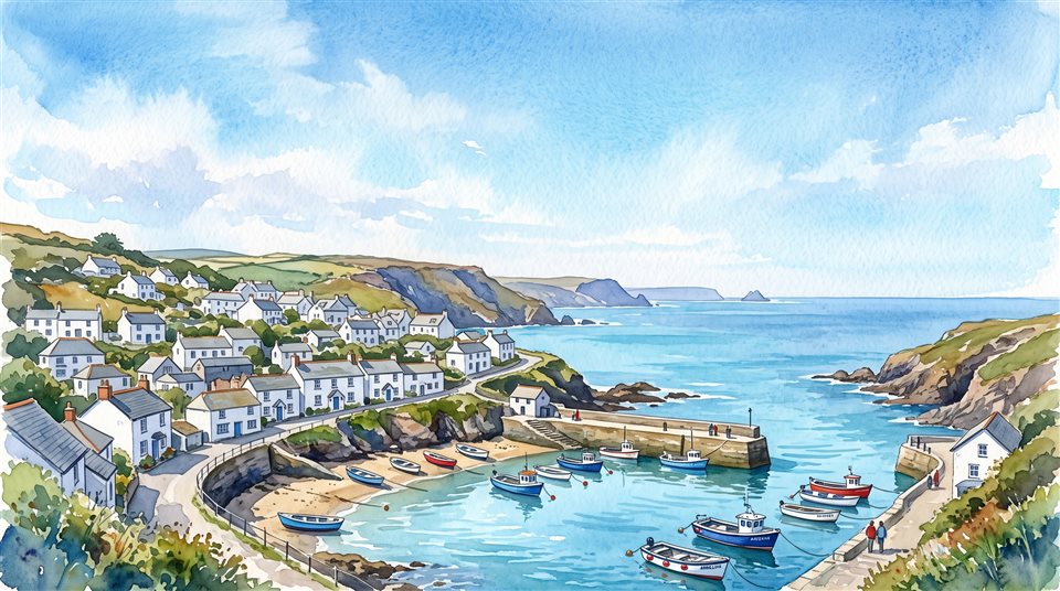 Ilustração em aquarela de uma pequena cidade à beira-mar sob um céu azul claro de verão, tomada ampla com espaço livre na parte superior para texto, tons de azul frios, atmosfera tranquila, proporção 16:9