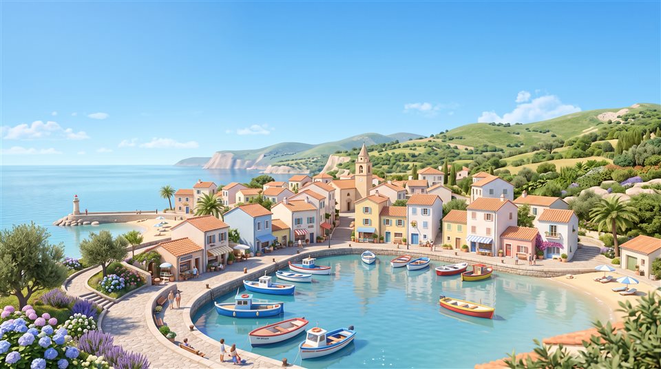 Renderização 3D suave de uma pequena cidade à beira-mar sob um céu azul claro de verão, assunto centralizado com composição simples e limpa, cores pastel suaves, brilhante e aconchegante, proporção 16:9