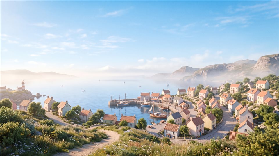 Renderização 3D suave de uma pequena cidade à beira-mar sob um céu azul claro de verão, tomada ampla com espaço livre na parte superior para texto, névoa matinal, sonhador, proporção 16:9