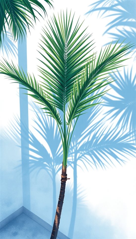 Watercolor illustration of Green tropical palm tree leaves casting shadows against a bright sunny wall, high-angle view from above, cool blue tones, quiet atmosphere, 9:16 aspect ratio
