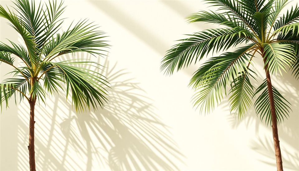 Minimal flat illustration of Green tropical palm tree leaves casting shadows against a bright sunny wall, wide shot with open space at the top for text, soft pastel colors, bright and cozy, 16:9 aspect ratio