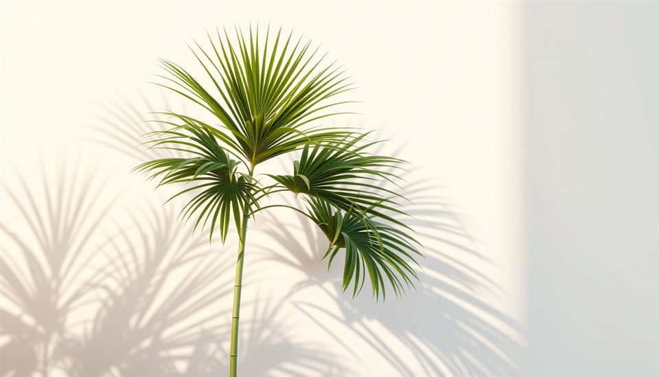 Soft 3D render of Green tropical palm tree leaves casting shadows against a bright sunny wall, wide shot with open space at the top for text, misty morning haze, dreamy, 16:9 aspect ratio