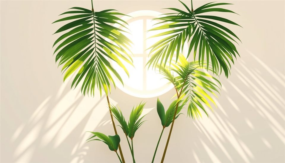 Minimal flat illustration of Sunlight filtering through lush green tropical palm leaves casting shadows on a wall, centered subject with a simple uncluttered composition, soft pastel colors, bright and cozy, 16:9 aspect ratio