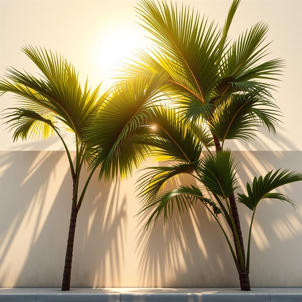 Photorealistic photo of Sunlight filtering through lush green tropical palm leaves casting shadows on a wall, wide shot with open space at the top for text, warm golden light, calm mood, 1:1 aspect ratio