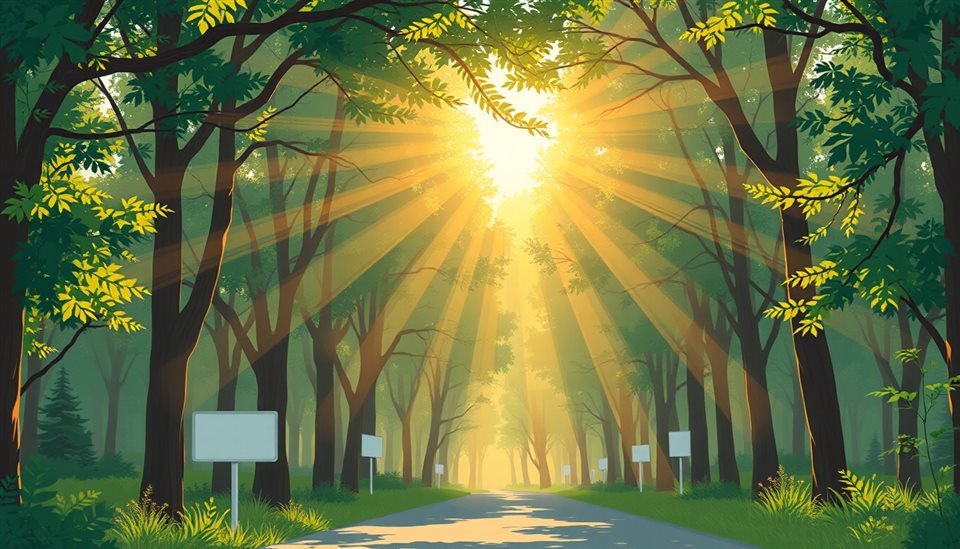 Minimal flat illustration of Golden sunbeams streaming beautifully through a peaceful green forest canopy, close-up detail with shallow depth of field, soft pastel colors, bright and cozy, 16:9 aspect ratio