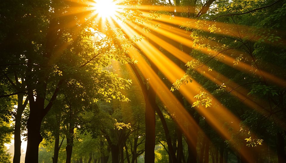 Photorealistic photo of Golden sunbeams streaming beautifully through a peaceful green forest canopy, close-up detail with shallow depth of field, warm golden light, calm mood, 16:9 aspect ratio