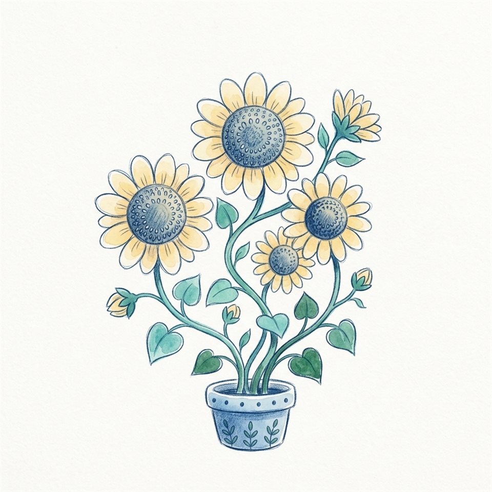 Ilustración linda dibujada a mano sobre un fondo blanco liso de girasoles, composición simple tipo icono, tonos azules fríos, atmósfera serena, relación de aspecto 1:1