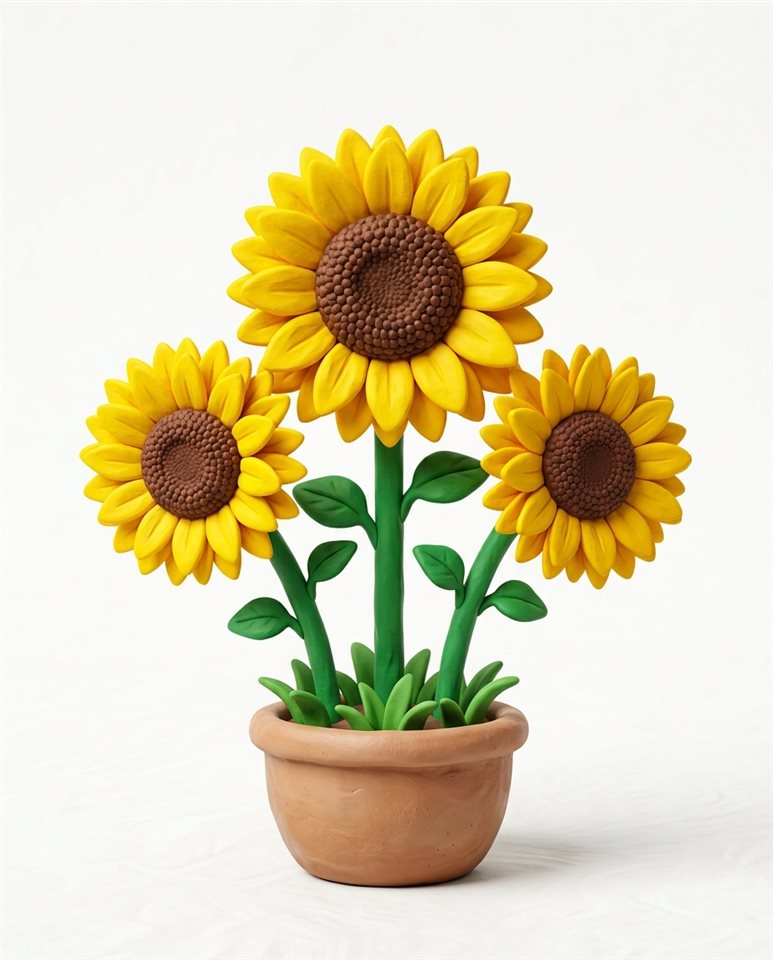 Ilustración en estilo de arcilla 3D sobre un fondo blanco liso de girasoles, composición simple tipo icono, colores vívidos, alto contraste, enérgico, relación de aspecto 4:5