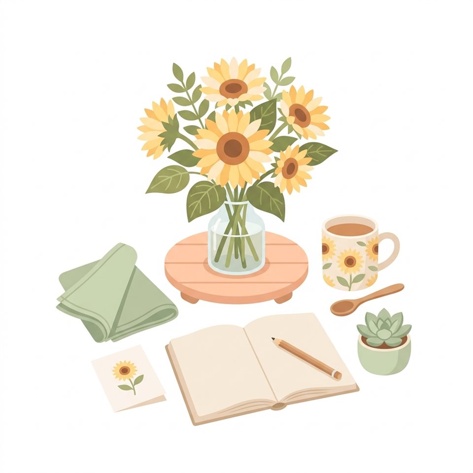 Ilustração vetorial plana em fundo branco simples de girassóis, pequeno conjunto de vários itens dispostos ordenadamente, cores pastel suaves, brilhante e aconchegante, proporção 1:1