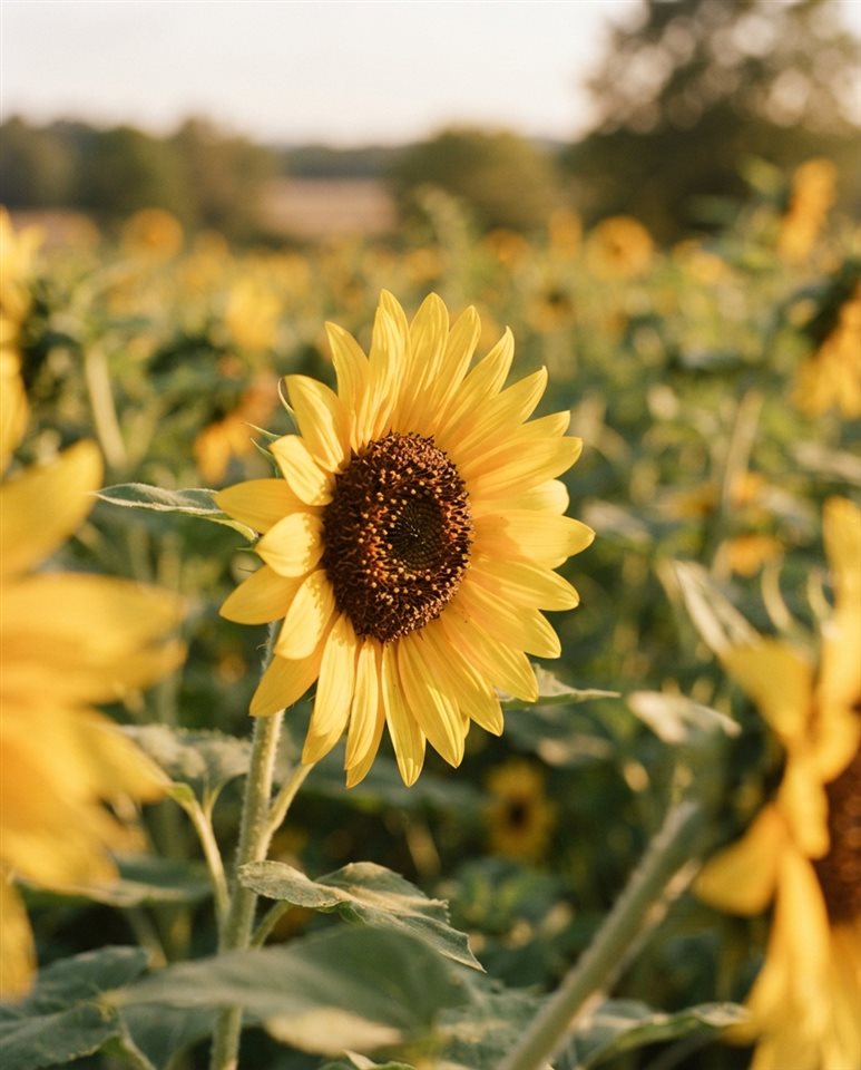 Cinematic film still of sunflowers, close-up detail with shallow depth of field, warm golden light, calm mood, 4:5 aspect ratio