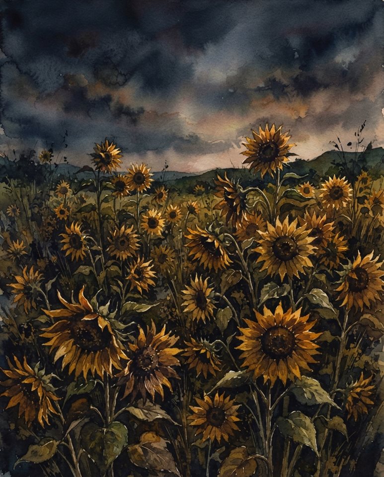 Watercolor illustration of sunflowers, wide shot with open space at the top for text, moody dark tones, dramatic lighting, 4:5 aspect ratio
