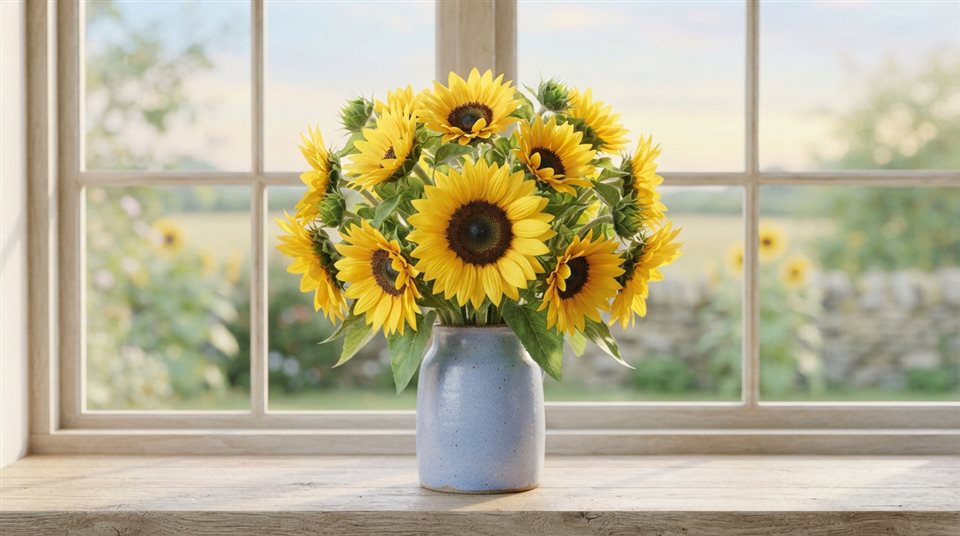 Photorealistic photo of sunflowers, centered subject with a simple uncluttered composition, soft pastel colors, bright and cozy, 16:9 aspect ratio