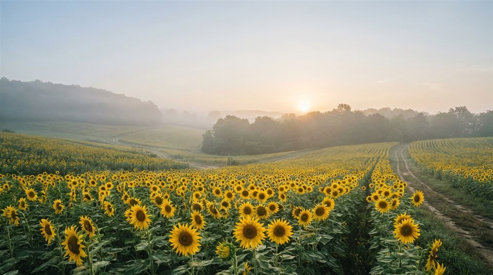 Photorealistic photo of sunflowers, wide shot with open space at the top for text, misty morning haze, dreamy, 16:9 aspect ratio