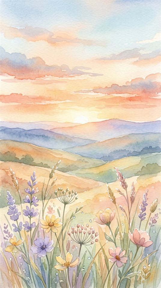 Ilustração em aquarela do nascer do sol sobre colinas onduladas, detalhe em close-up com profundidade de campo rasa, cores pastel suaves, brilhante e aconchegante, proporção de 9:16