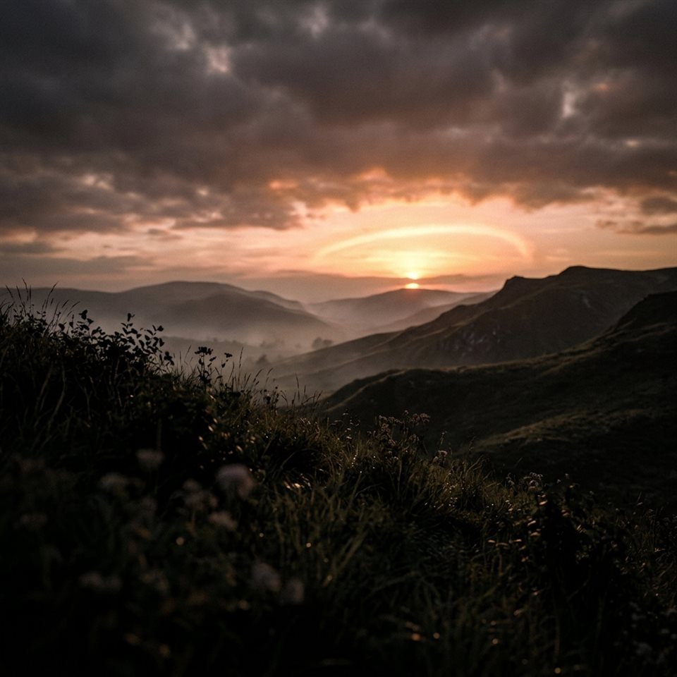Renderizado 3D suave del amanecer sobre colinas onduladas, detalle de primer plano con poca profundidad de campo, tonos oscuros y melancólicos, iluminación dramática, relación de aspecto 1:1