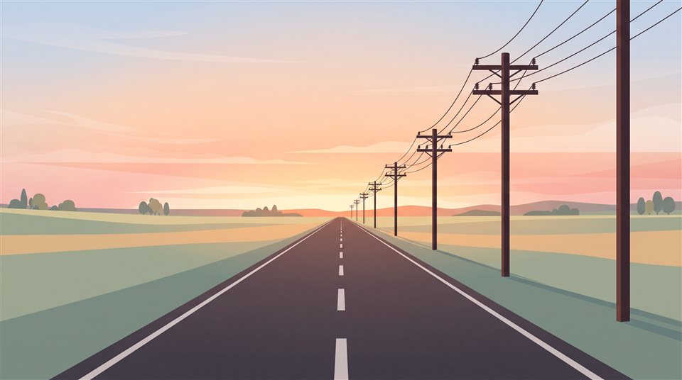 帶有電線的日落空曠道路簡約扁平插畫，主體置中，構圖簡單清爽，柔和粉嫩色彩，明亮而溫馨，16:9比例