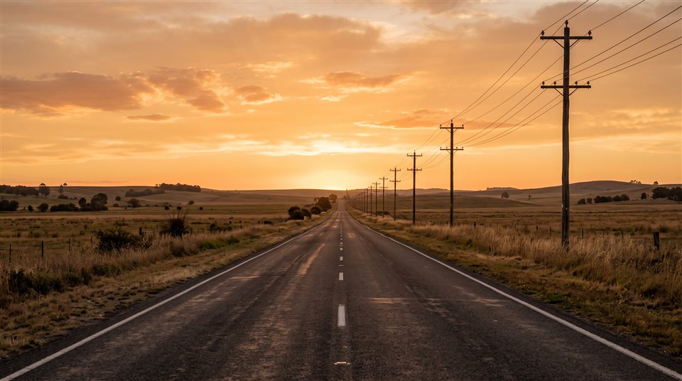 Foto fotorrealista de uma estrada vazia ao pôr do sol com postes de energia, assunto centralizado com uma composição simples e organizada, luz dourada quente, clima calmo, proporção 16:9